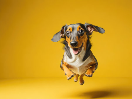 Funny cute dachshund dog jump on soft yellow background. ai generative.の素材