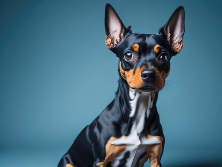 Funny cute Miniature Pinscher dog on soft blue background. ai generative.の素材