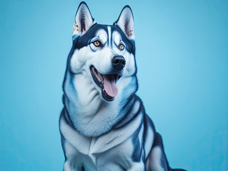 Funny cute husky dog on soft pastel blue background. ai generative.の素材