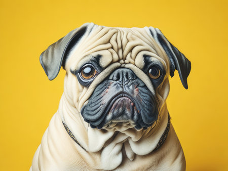 Funny cute pug dog on soft pastel yellow background. ai generative.の素材
