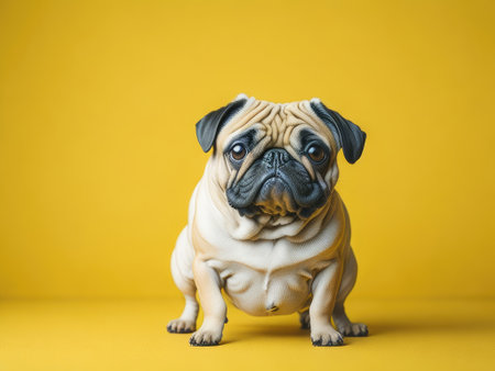 Funny cute pug dog smile on soft pastel yellow background. ai generative.の素材