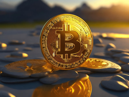 A golden coin with a bitcoin symbol on a gold stone, ai generative.の素材