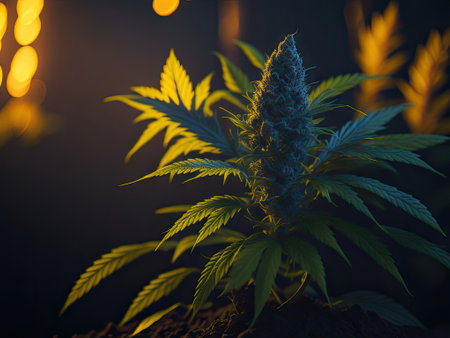 young canabis cbd plant grow under yellow lamp, ai generative.の素材