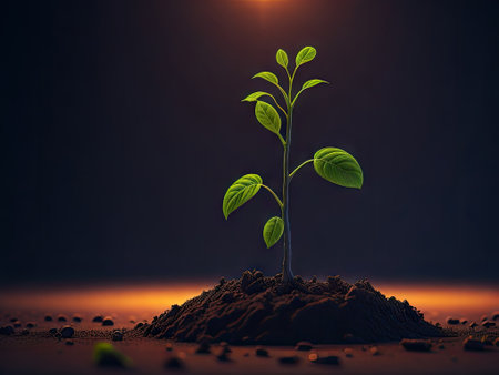 panorama small tree growing with sunrise. green world and earth day conceptの素材