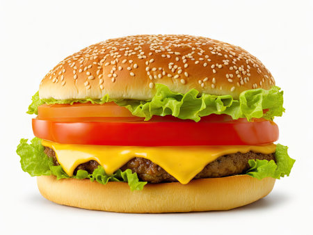 Classic cheeseburger isolated on white background, ai generative.の素材