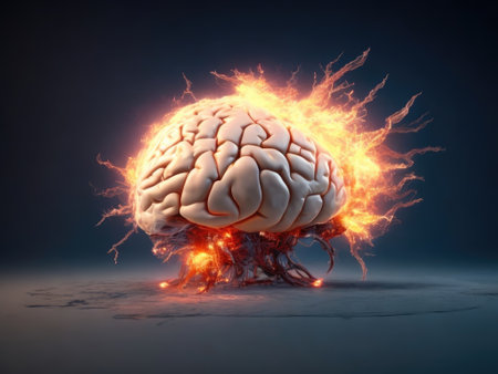 Creative art brain explodes with paints with splashesof color, concept idea, ai generative.の素材