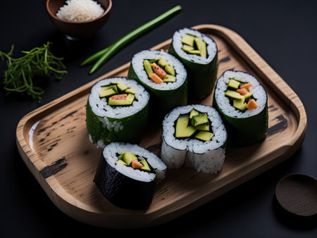 sushi rolls on wooden cutting Board. On dark rustic background, ai generative.の素材