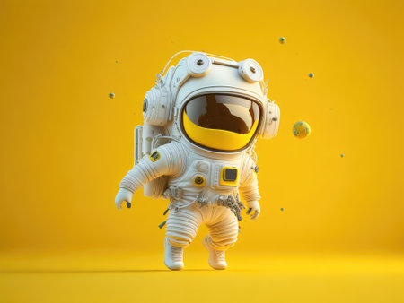 cute spaceman astronaut flying on yellow background. ai generative.の素材