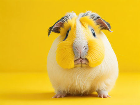 cute guinea pig on studio pastel yellow background. ai generative.の素材