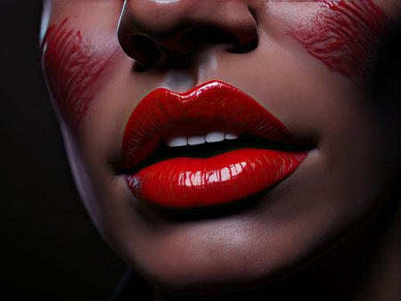 Red lipstick on black background. ai generative.の素材