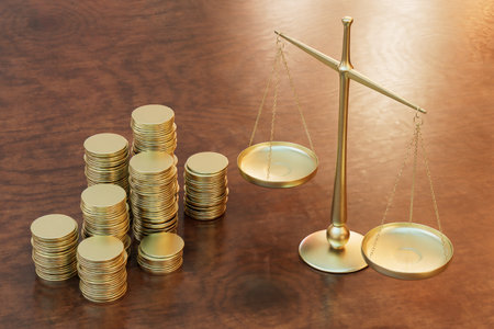 The concept of stock exchanges. scales and gold coins on a wooden background. 3D rendering.の写真素材