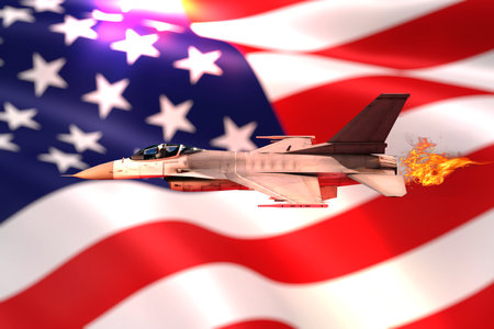 training of pilots on American aircraft. The plane against the background of the flag of America. 3D...