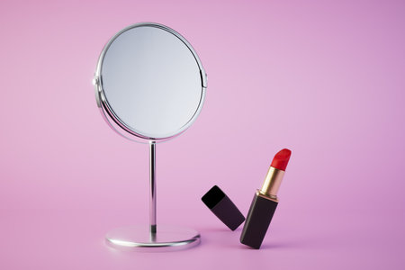 Red lipstick in front of a table mirror on a pastel background. 3D rendering.の写真素材