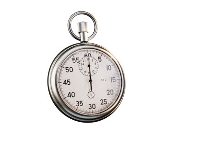 Classic metallic chrome mechanical analog stopwatch isolated on white background. 3d rendering.の写真素材