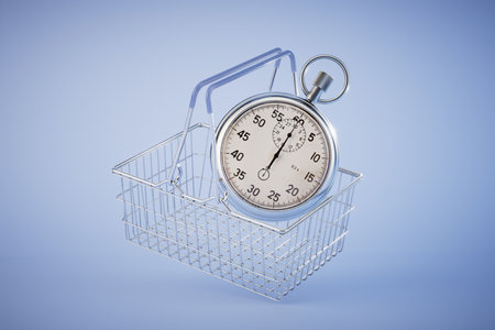 Time for shopping. a basket for products in which a stopwatch. 3D rendering.