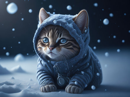 Cute 3d cat baby in snow winter. ai generative.の素材