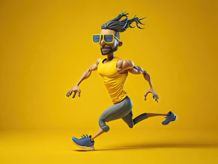 cute 3d runner man character in action on yellow background. ai generative.の素材