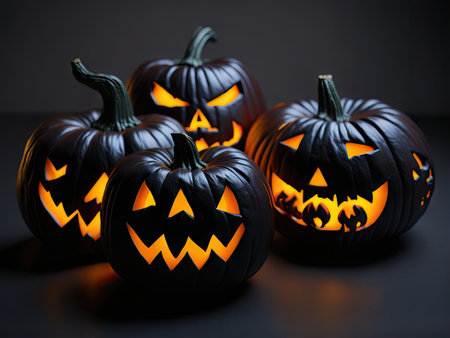 Halloween pumpkins on black background. ai generative.の素材