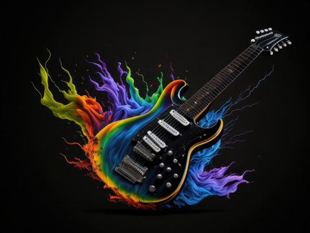 Electric guitar with rainbow paint on black background. ai generative.の素材