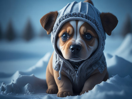 Cute 3d dog baby in snow winter. ai generative.の素材