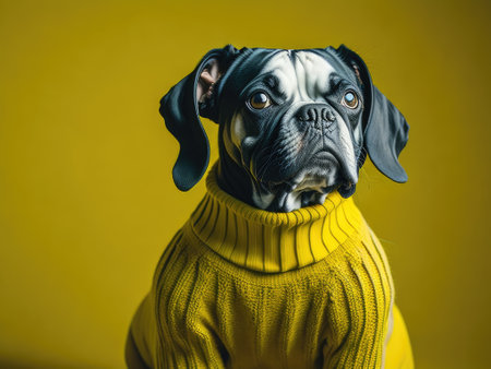 Dog wearing a sweater on yellow studio pastel background. ai generative.の素材
