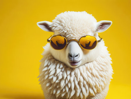 Funny cute sheep wearing sunglasses on yellow background. ai generative.の素材