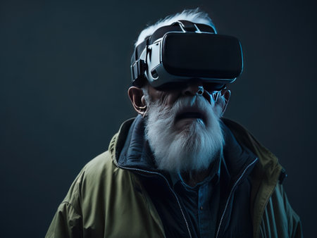 Old man wearing VR headset. ai generative.の素材