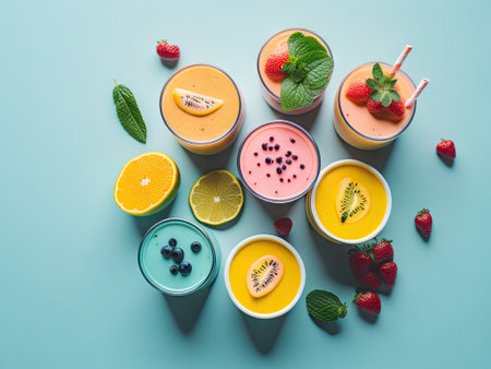 Fresh fruit smoothies top view minimal. ai generative.の素材