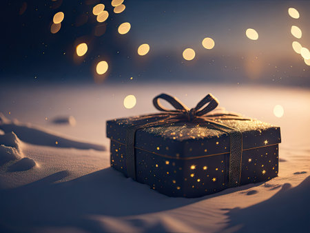gift box on snowy field in winter christmas. ai generative.の素材