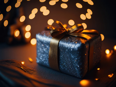 xmas gifts on christmas lights bokeh background. ai generative.の素材
