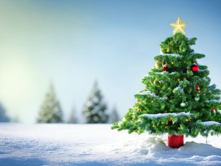 close up green christmas tree on snowy background. ai generative.の素材