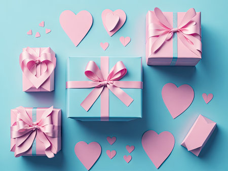 Mothers Day celebration idea Flat lay composition on blue background. ai generative.の素材