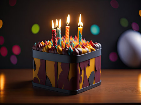 A color birthday cake with candles. ai generative.の素材