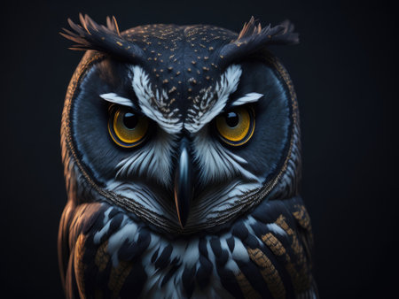 Beautiful owl face on black background. ai generative.の素材