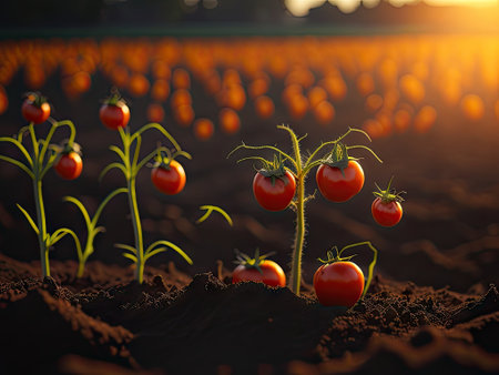 Closeup of ripe tomatoes growing on soil in the field. ai generative.の素材
