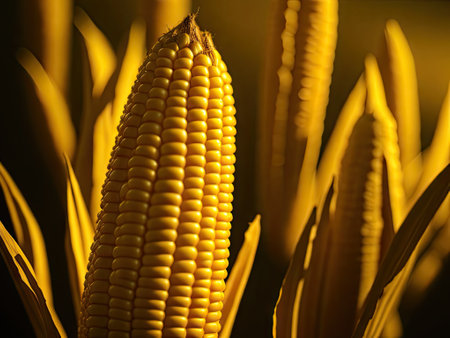 Close up of yellow ripe corn cob field. ai generative.の素材