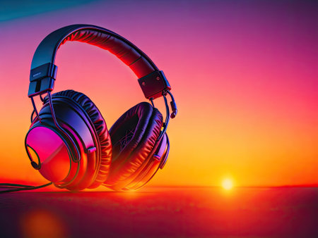 music background with headphones and vibrant. ai generative.の素材