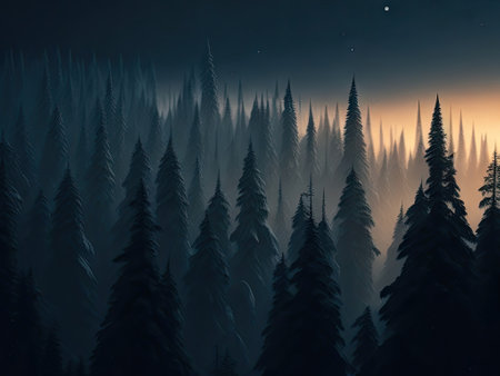 Misty fir forest sunset light bokeh background. ai generative.の素材