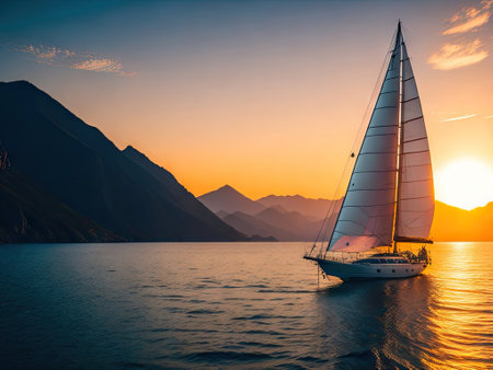 Sailboat in the sea in the evening sunlight. ai generative.の素材