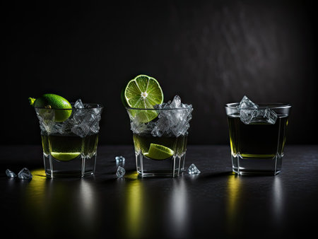 Three shots of tequila with lime and salt on black background. ai generative.の素材