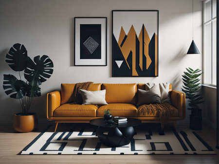 MidCentury Modern Living Room with Tan Leat. ai generative.の素材