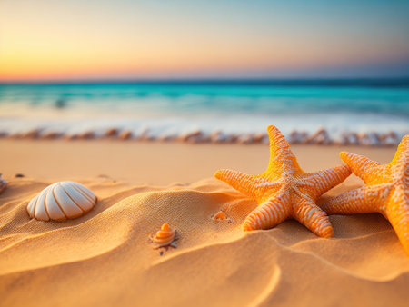 Tropical beach with sea star and seashells. ai generative.の素材