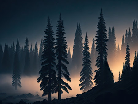 Misty fir forest sunset light bokeh background. ai generative.の素材