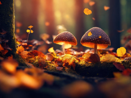 autumn forest with foliage and mushrooms the world fairy tale. ai generative.の素材