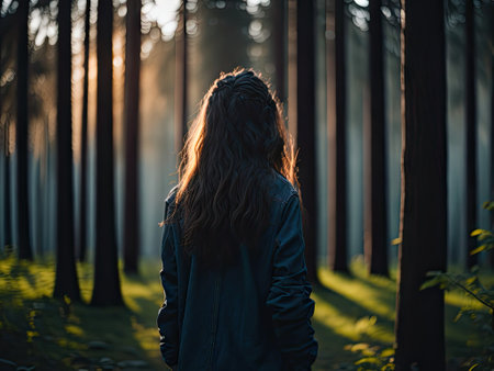 a free young woman back view breathes fresh. ai generative.の素材