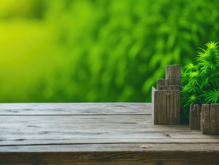 Empty wood table in front of marijuana plant. ai generative.の素材