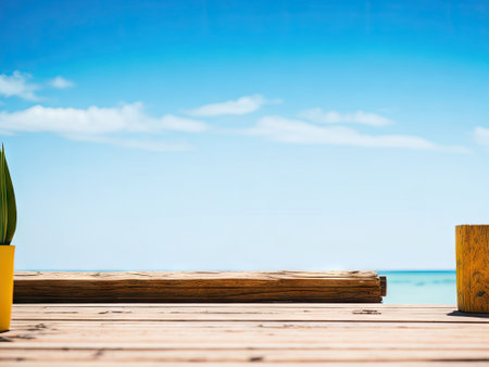 Empty wood table in front of beach background. copy-paste. ai generative.の素材