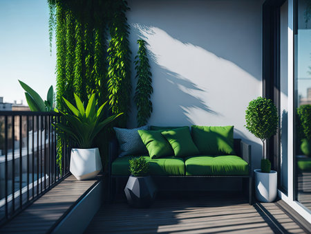 Modern balcony sitting area decorated with pots of green flowers. ai generative.の素材