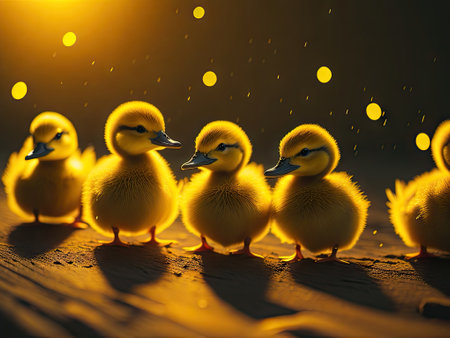 ducklings in yellow raincoats sunlight. ai generative.の素材