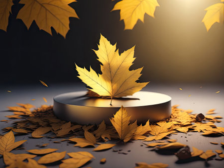 podium for product surrounded by pile of autumn leaves. ai generative.の素材